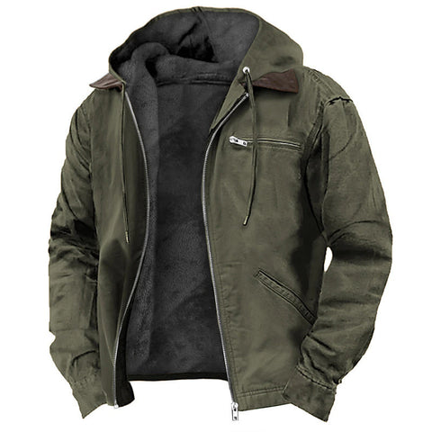 Casual Solid Color Hooded Cotton Jacket With Fleece Lining And Zipper Pockets For Men
