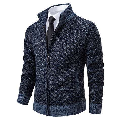 Thickened Plaid Print Jacket Cardigan Fashion Slim Fit Zipper Stand Collar Sweater Winter Men's Casual Long Sleeve Knitted Top Clothing
