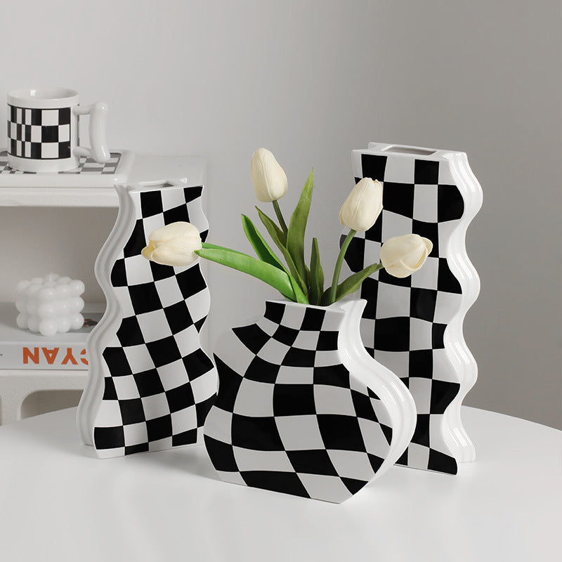 Ins Simple Chessboard Grid Ceramic Vase Living Room Bedroom Hydroponic Flower Vase Home Decoration Ornaments