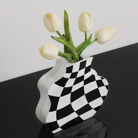 Vase en céramique à motif échiquier Simple Ins, idéal pour le salon, la chambre à coucher, vase à fleurs hydroponique, ornements de décoration intérieure