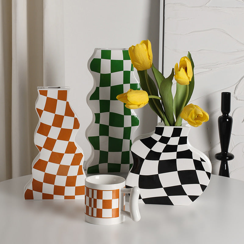 Ins Simple Chessboard Grid Ceramic Vase Living Room Bedroom Hydroponic Flower Vase Home Decoration Ornaments