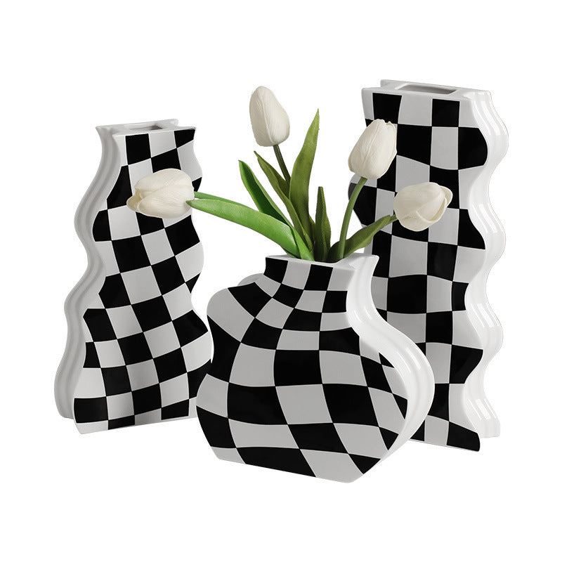 Ins Simple Chessboard Grid Ceramic Vase Living Room Bedroom Hydroponic Flower Vase Home Decoration Ornaments