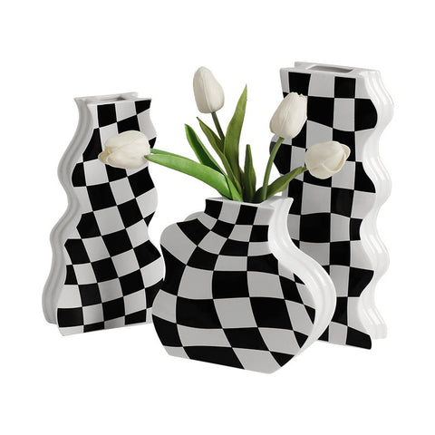 Vase en céramique à motif échiquier Simple Ins, idéal pour le salon, la chambre à coucher, vase à fleurs hydroponique, ornements de décoration intérieure