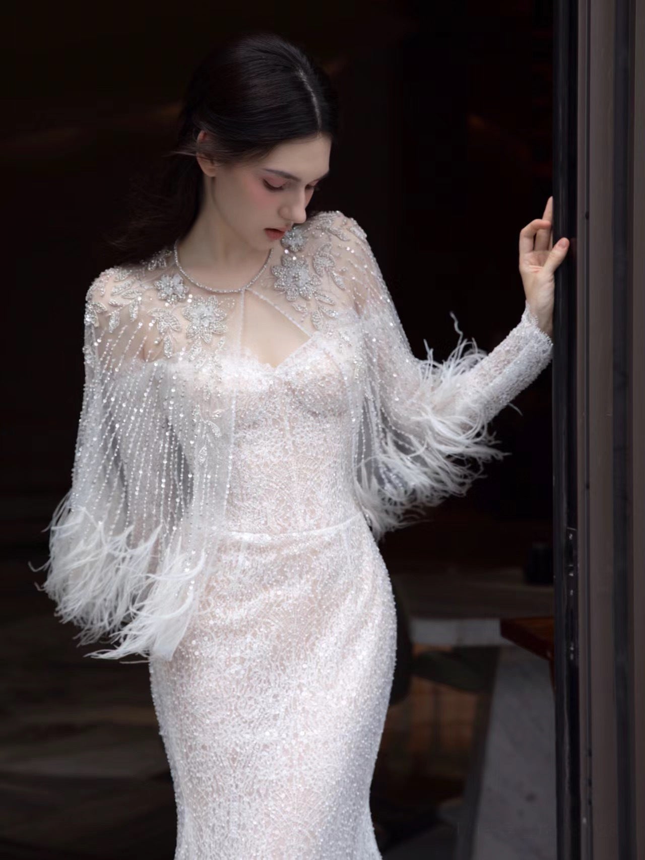 Annual Meeting Mermaid Heavy Industry Feather Dress - Fashionner