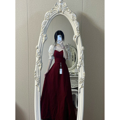 Small Plus Size Wine Red Puff Sleeve Princess High-grade Evening Dress - Fashionner