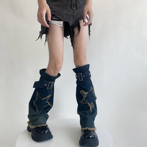 Hot Girl Design Denim Washed Horn Leg Warmer Foot Sock Slimming - Fashionner