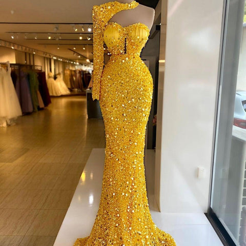 Sequined Pearl Embroidery Lace Asymmetric Single Sleeve Dress - Fashionner
