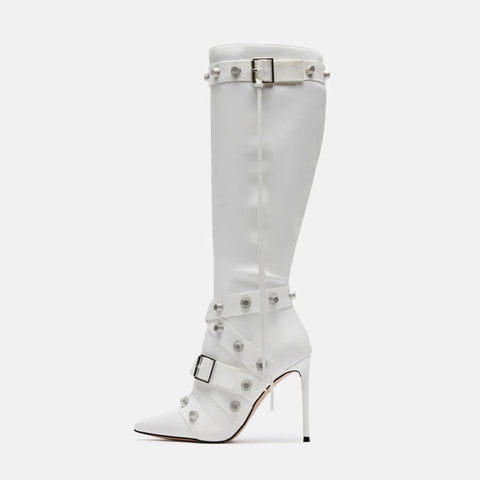 Metal Leathern Pointed Stiletto Heel High Leg Boot Rivet - Fashionner
