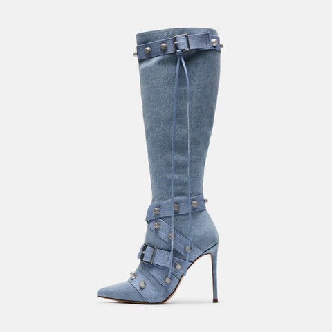 Metal Leathern Pointed Stiletto Heel High Leg Boot Rivet - Fashionner