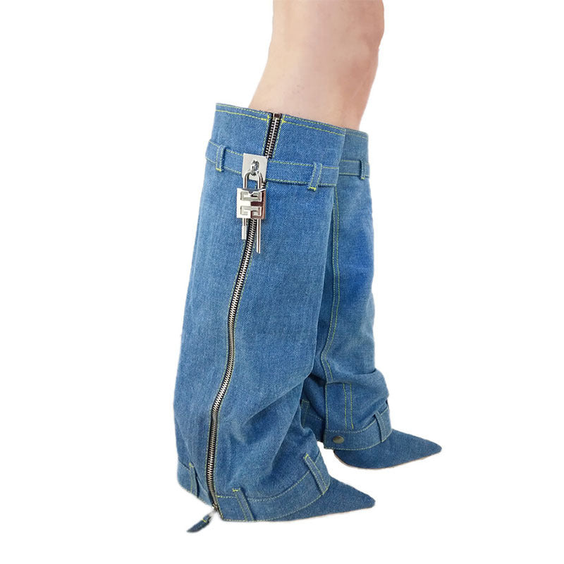 Pointed Female Fashion Metal Buckle Flanging Zipper Casual High Leg Boot - Fashionner