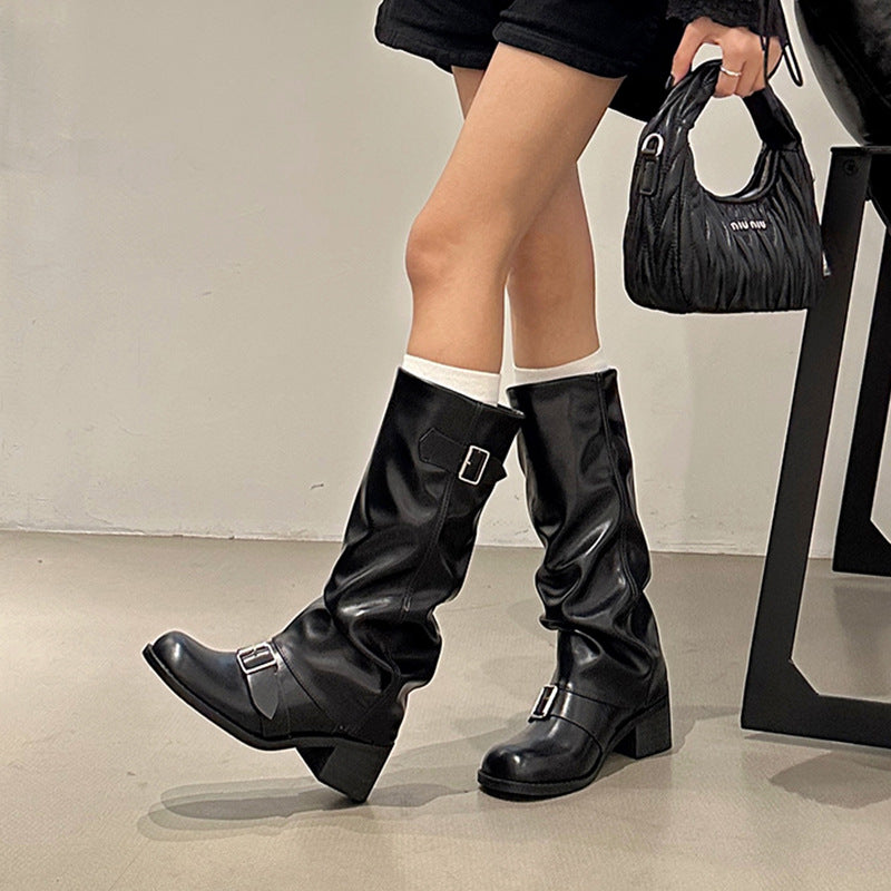Below The Knee Long Boots Female Chunky Heel Round Head - Fashionner