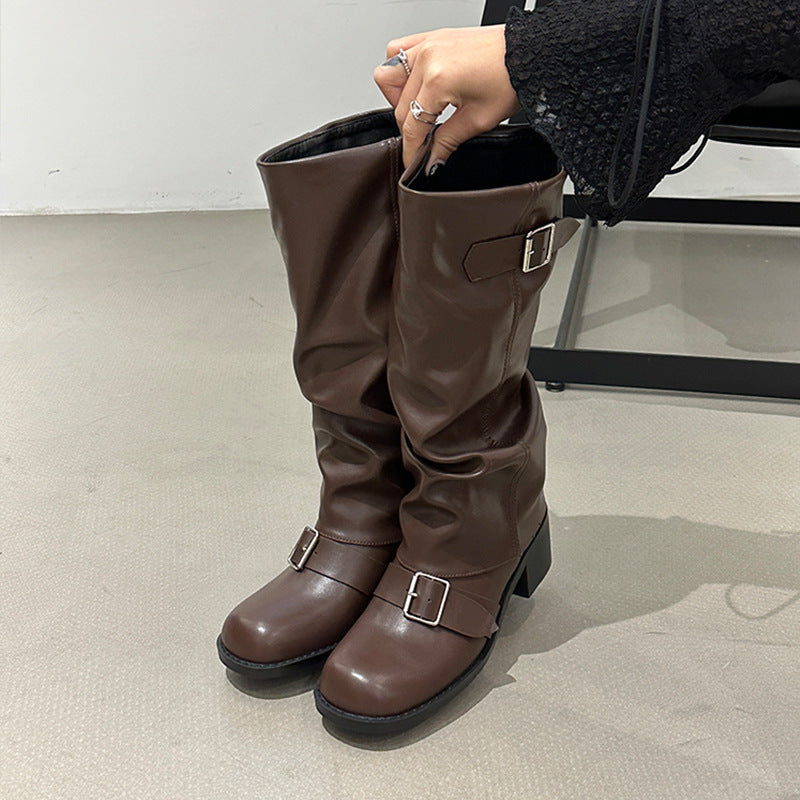 Below The Knee Long Boots Female Chunky Heel Round Head - Fashionner