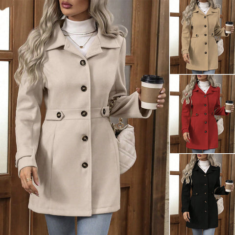 Buy Elegant Single-Breasted Woolen Coat Buttons Lapel Mid-Length Jacket Temperament Commuter Outwear Clothing For Women online at Fashionner.