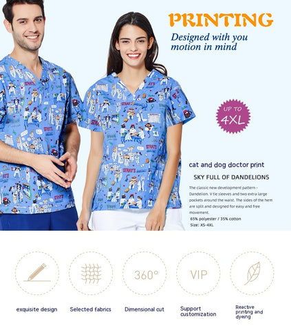 Printed Surgical Gown Polyester Cotton Short Sleeve Doctor Nurses' Uniform Children's Beauty Salon Split Suit