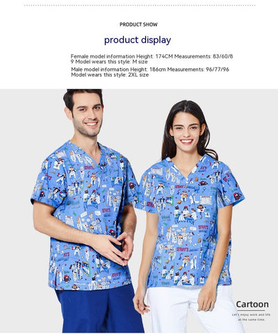 Printed Surgical Gown Polyester Cotton Short Sleeve Doctor Nurses' Uniform Children's Beauty Salon Split Suit