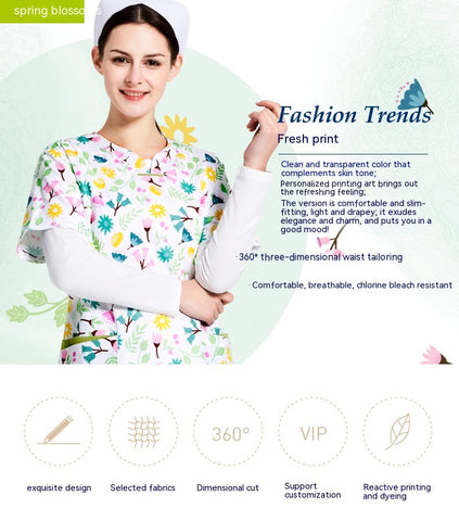 Surgical Gown Printed Polyester Cotton Breathable Short Sleeve Doctor Nurses' Uniform Beauty Salon Split Suit Women's