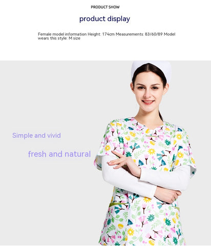 Surgical Gown Printed Polyester Cotton Breathable Short Sleeve Doctor Nurses' Uniform Beauty Salon Split Suit Women's