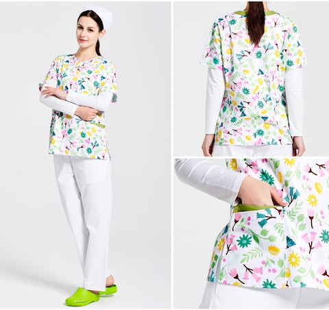Surgical Gown Printed Polyester Cotton Breathable Short Sleeve Doctor Nurses' Uniform Beauty Salon Split Suit Women's