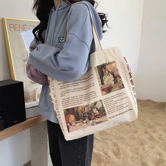 Oil Painting Pattern Artistic Retro Style Large Capacity One-shoulder Canvas Bag - Fashionner