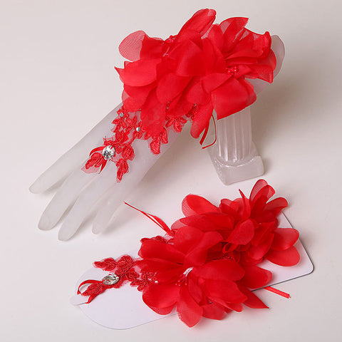 Gants de mariage courts en dentelle rouge et blanc pour mariée