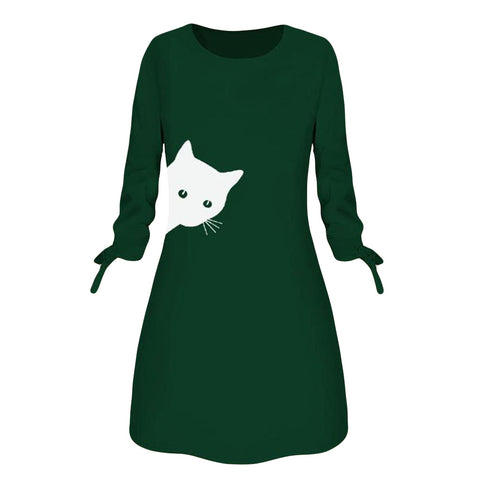 Women Elegant Dress Cat Print Bow O Neck Long Sleeve Party Mini Dresses Casual Ladies Elegant Dress Autumn Spring Dresses - Fashionner