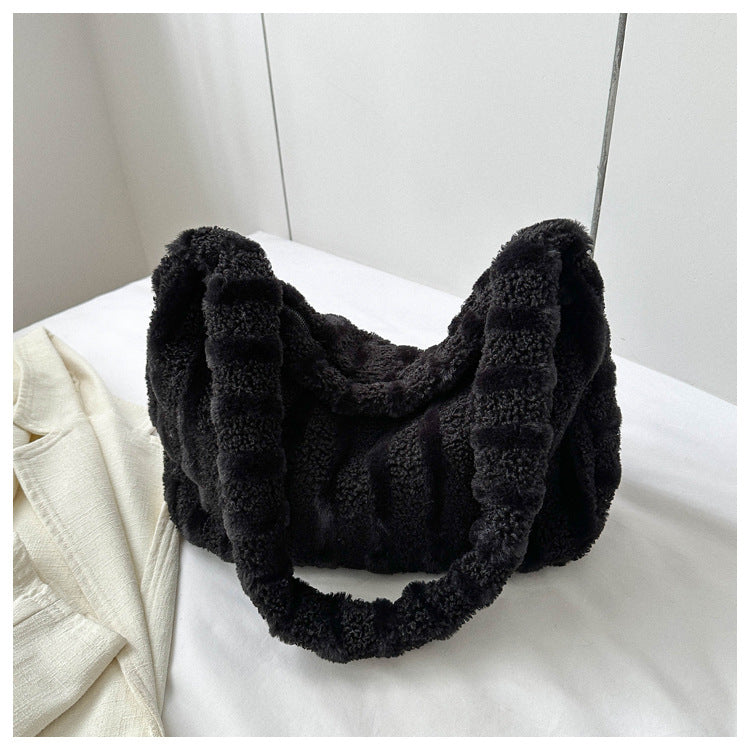 Large-capacity Striped Plush Bag Winter New Fashion Portable Tote Shoulder Bags Shopping Furry Handbags For Women - Fashionner