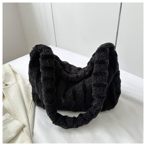 Large-capacity Striped Plush Bag Winter New Fashion Portable Tote Shoulder Bags Shopping Furry Handbags For Women - Fashionner