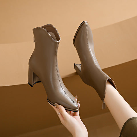 Genuine Leather Pointed Toe High Heel Boots Female White Chunky Heels - Fashionner