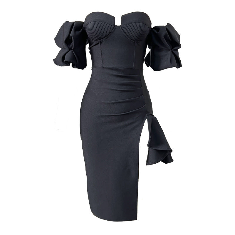 Women's Solid Color Lantern Sleeve Bandage Dress - Fashionner