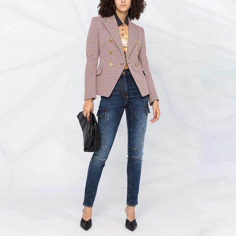 Veste courte pied-de-poule pour femme, blazer croisé à manches longues