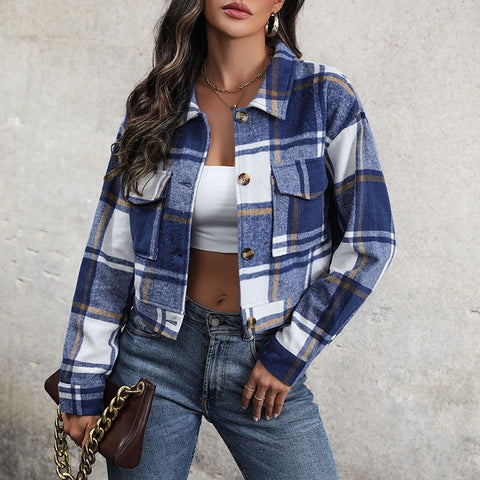 Veste courte à revers à carreaux avec poches Boutons mode Manches longues Manteau court pour vêtements femme