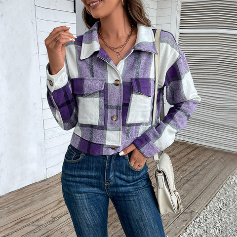 Veste courte à revers à carreaux avec poches Boutons mode Manches longues Manteau court pour vêtements femme