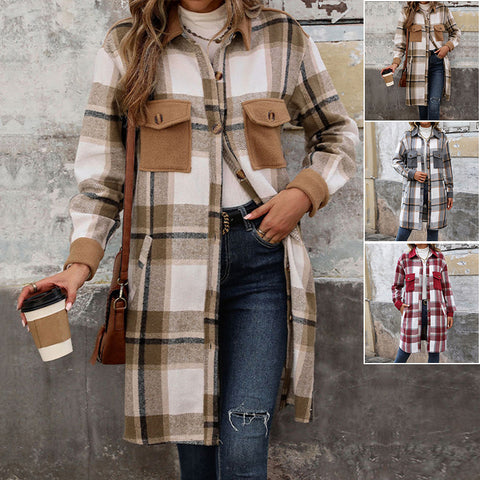 Nouveau manteau long à carreaux brossé avec poches Veste d'hiver tendance Vêtements d'extérieur pour femmes