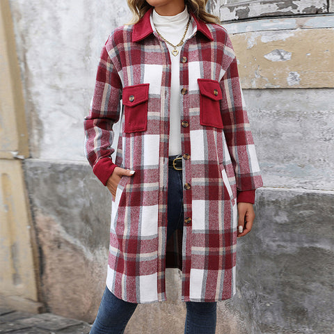 Nouveau manteau long à carreaux brossé avec poches Veste d'hiver tendance Vêtements d'extérieur pour femmes