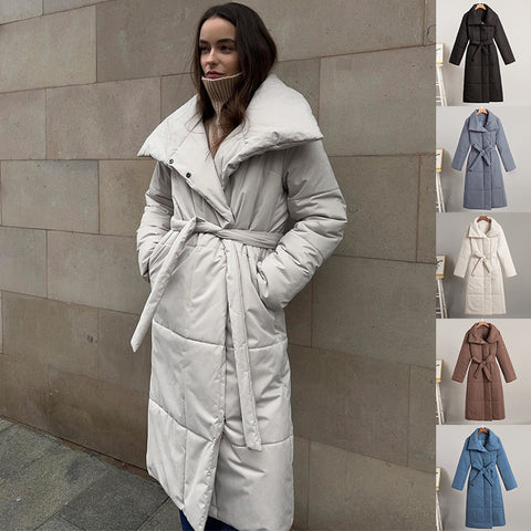 Manteau long à grand revers pour femme, veste d'hiver chaude en coton avec poches et design à lacets, manteau épais décontracté de couleur unie pour vêtements d'extérieur