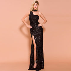 Split sequined banquet dress