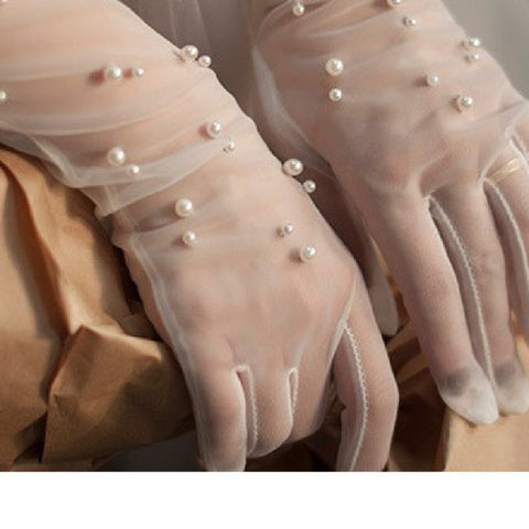 Gants de mariage en tulle et perles pour robe de mariée, coloris blanc