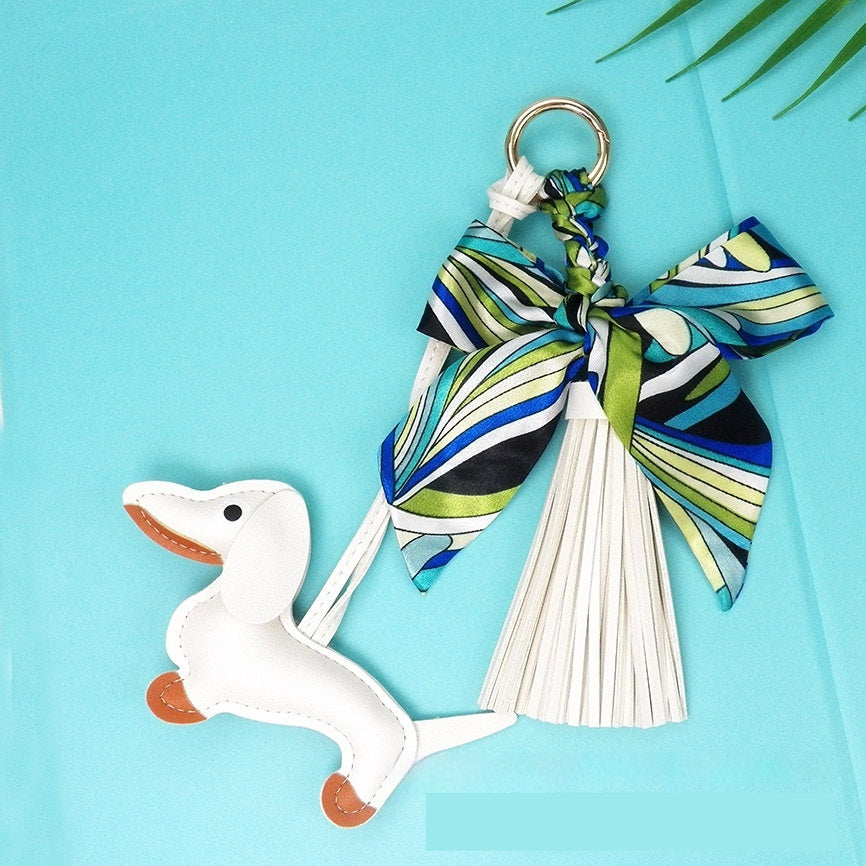 Tassel Leather Sausage Dog Pendant Bag Ornament Silk Scarf Keychain Schoolbag Pendant