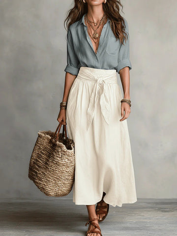 Buy Summer Short-sleeve Suits Fashion Casual Button-down Shirt Top And Straight Skirt Women's Two-piece Set online at Fashionner.