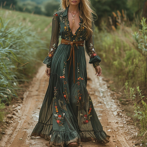 Long Sleeve Printed Maxi Dress With Shirt Collar For Women