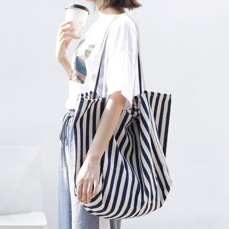 Striped Canvas Bags High Capacity Shoulder Bags For Women Fashion Shopper Handbags Casual Shopping Totes - Fashionner