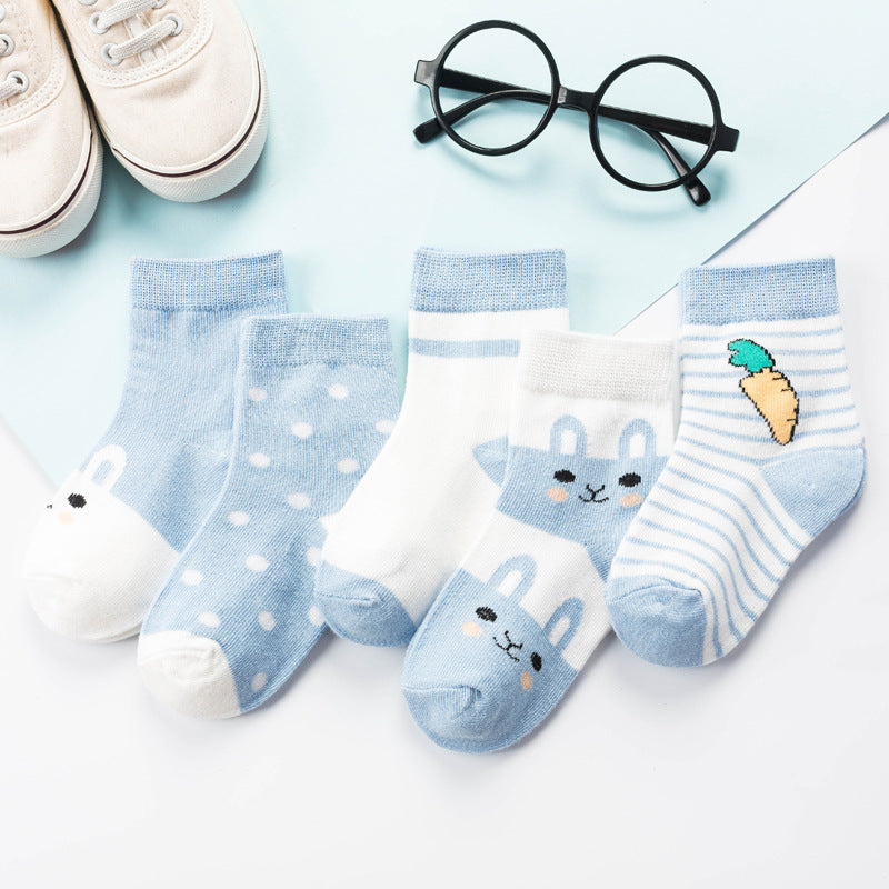 5 Pairs Children's Cotton Mid-calf Length Socks - Fashionner