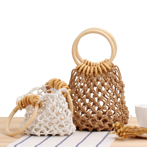 Nouveau sac filet de couleur unie, sac tissé à la main, sac de forêt en fil de coton noué à la main, sac de plage de vacances au bord de la mer