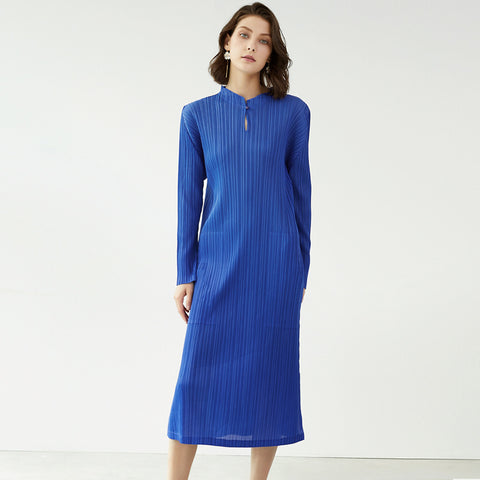 Spring Miyake Fashion Slim Fit Temperament Mid-Length Cheongsam Solid Color Stand Collar Pocket Dress Women