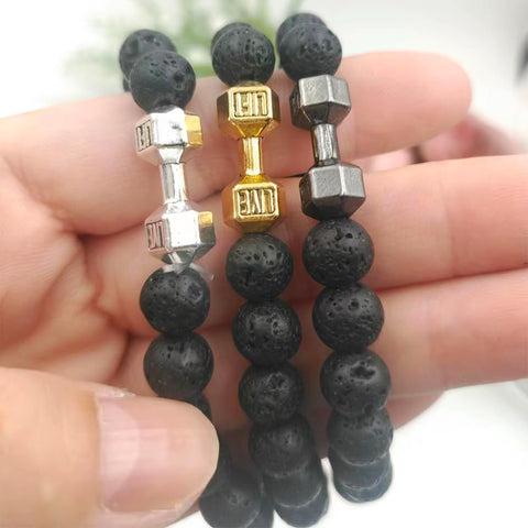 Bracelet d'haltères tendance en alliage de métal, perles de roche de lave et bijoux pour hommes
