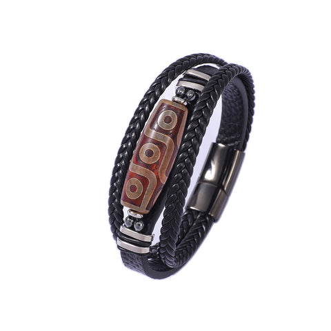 Buy Hand-Woven Men'S Leather Bracelet With Stainless Steel Nine-Eyed Dzi Beads online at Fashionner.