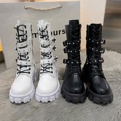 Buckle Lace-up Side Zip Punk Women's Mid Boots - Fashionner