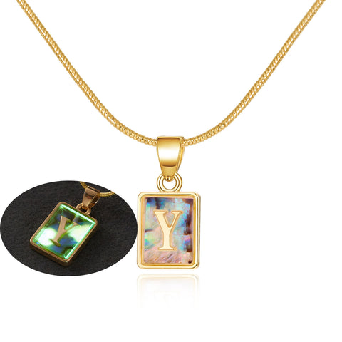 26 Letter Square Necklace Colorful Shell Luminous Pendant Chain Necklace For Women Temperament Ladies Jewelry - Fashionner