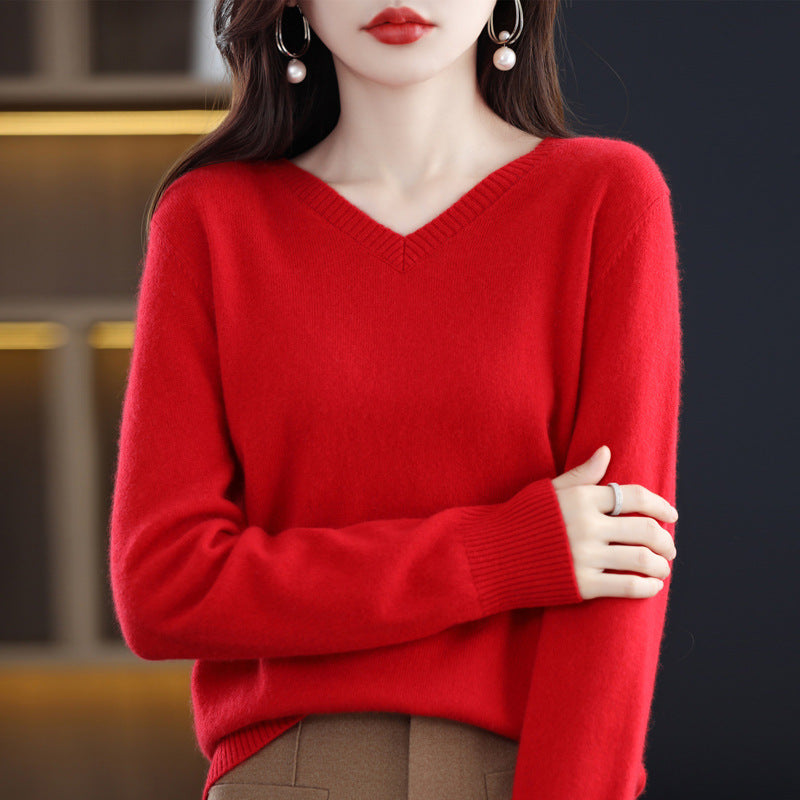 Women's V-neck Loose Pullover Long Sleeve Sweater - Fashionner
