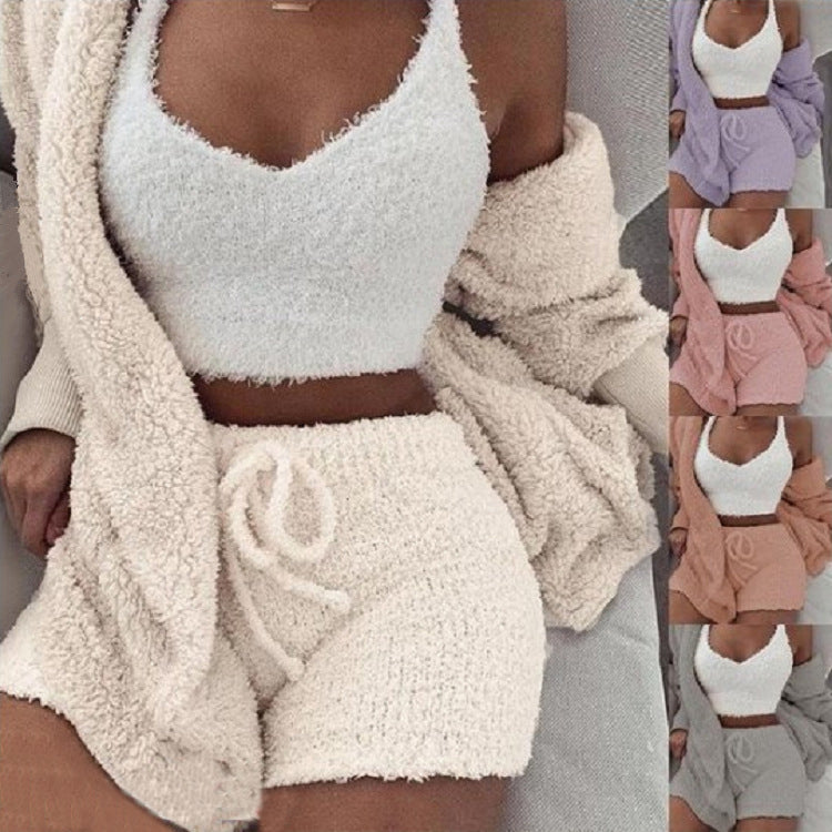 Buy 3Pcs Womens Clothing Long Sleeve Crop Tank Top And Drawstring Shorts Pajama Set online at Fashionner.
